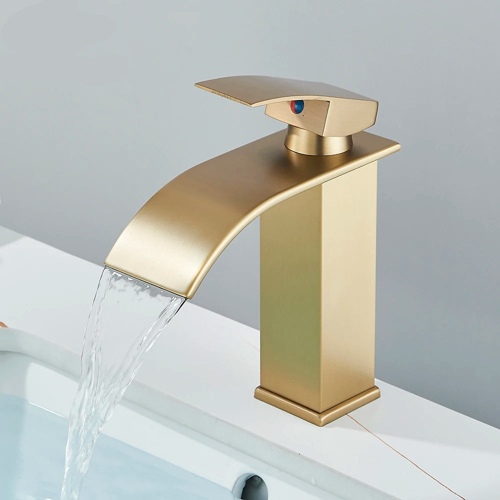 Brushed Gold Waterfall Bathroom Sink Faucet – Elegant Basin Tap