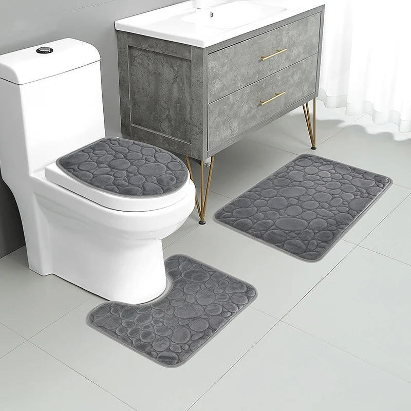 3-Piece Water-Absorbing Bathroom Mat Set – Stone Pattern Design