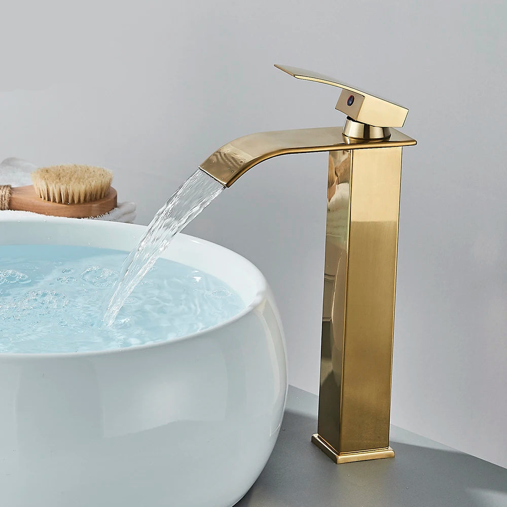 Brushed Gold Waterfall Bathroom Sink Faucet – Elegant Basin Tap