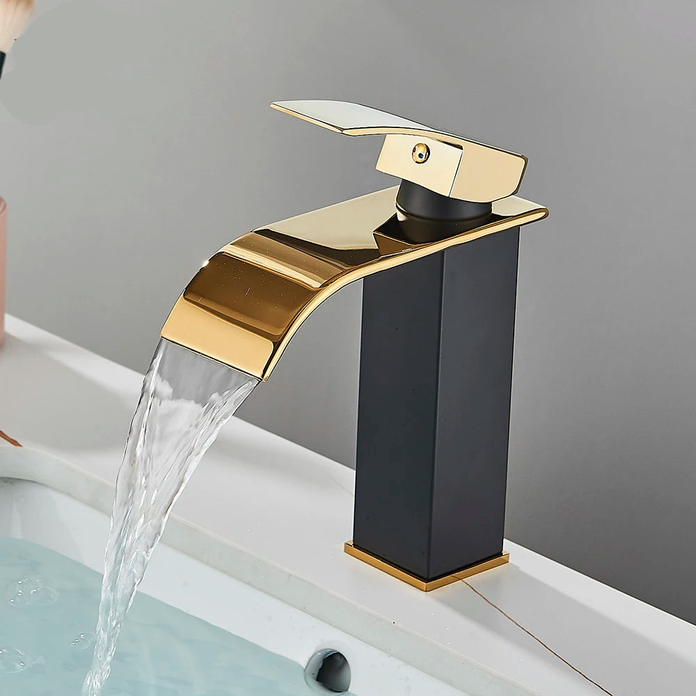 Brushed Gold Waterfall Bathroom Sink Faucet – Elegant Basin Tap