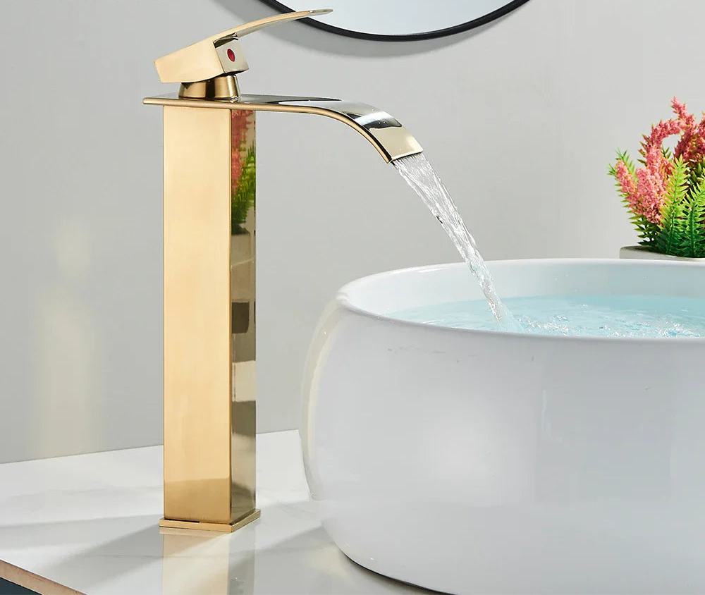 Brushed Gold Waterfall Bathroom Sink Faucet – Elegant Basin Tap