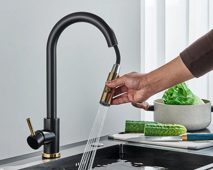 Brushed Gold Pull-Out Kitchen Faucet – 360 Swivel Sink Tap