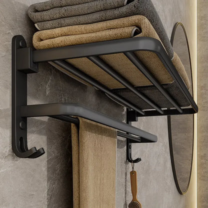 50CM Matte Black Folding Towel Rack with Hooks – Wall Mount