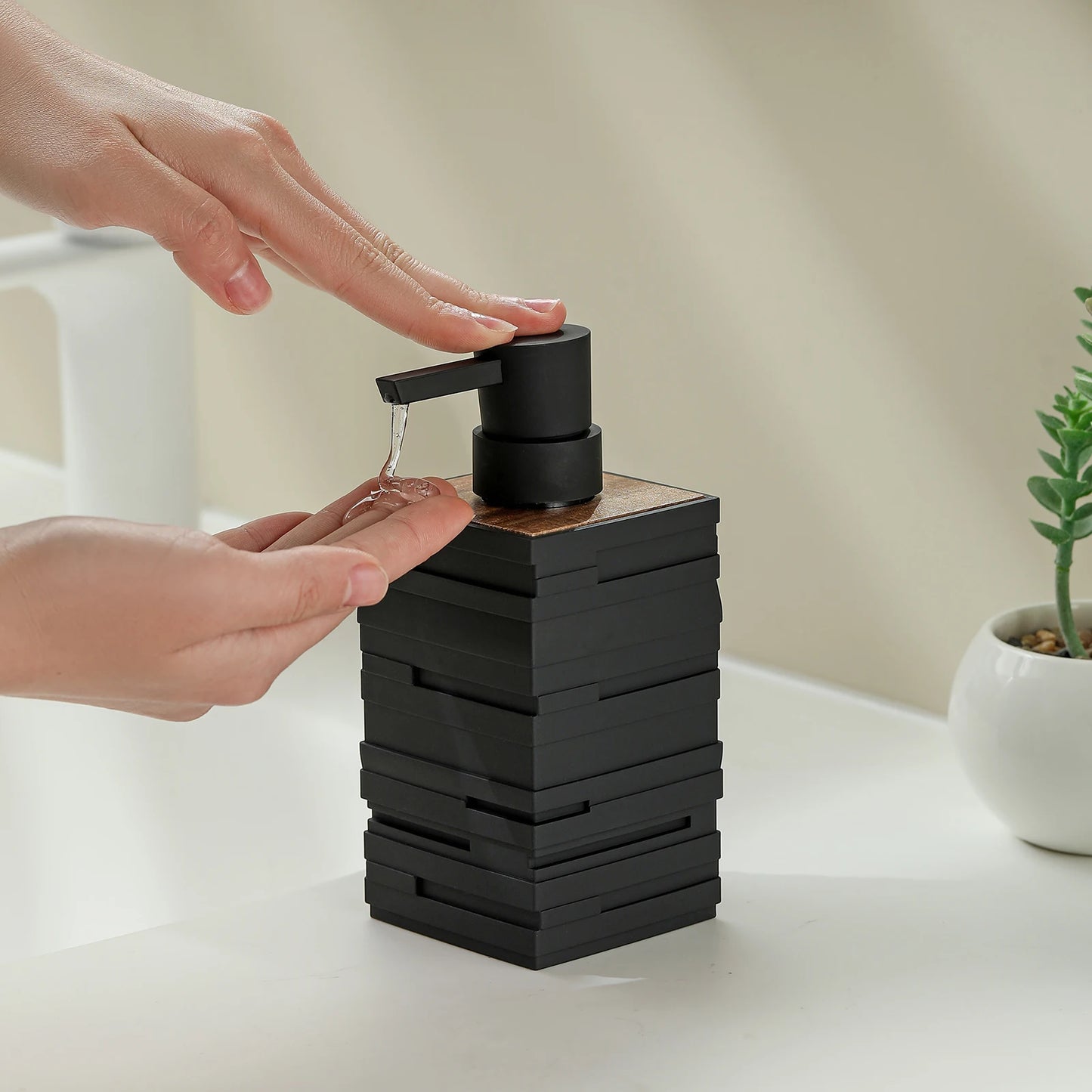 300ml Matte Black Soap Dispenser with Teak Wood