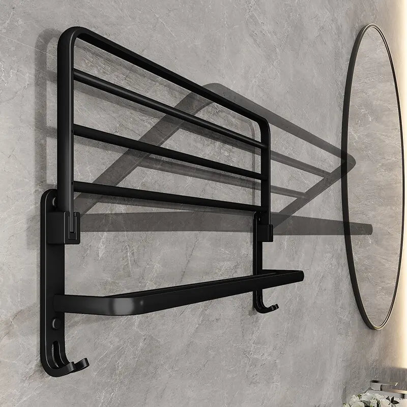 50CM Matte Black Folding Towel Rack with Hooks – Wall Mount