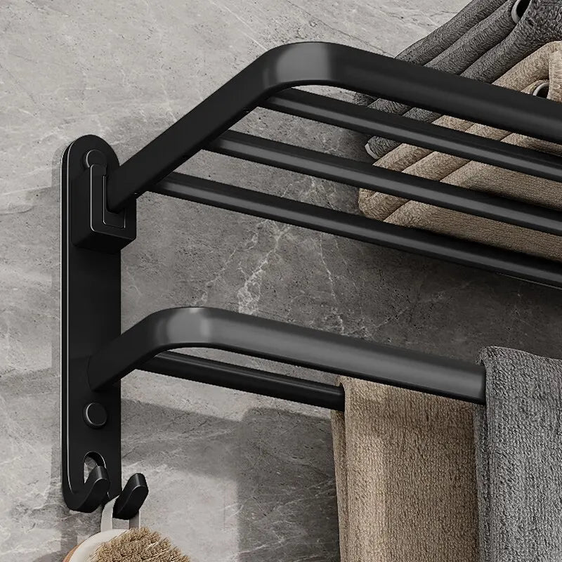 50CM Matte Black Folding Towel Rack with Hooks – Wall Mount