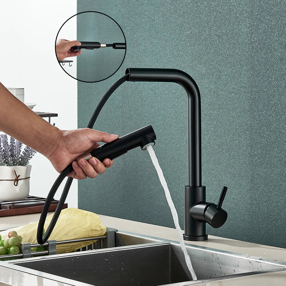 Black Pull-Out Kitchen Faucet – Dual Mode Sprayer with Hot & Cold