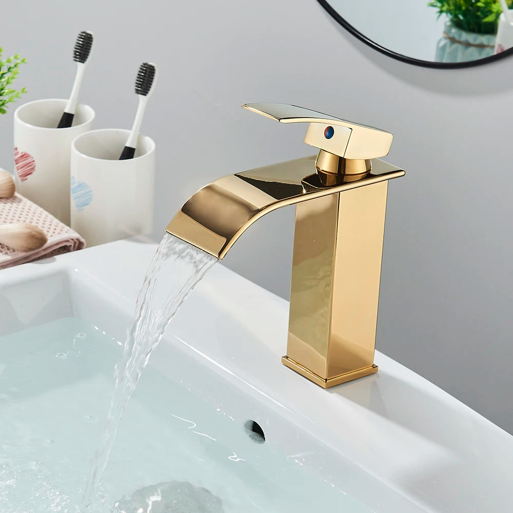 Brushed Gold Waterfall Bathroom Sink Faucet – Elegant Basin Tap