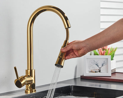 Brushed Gold Pull-Out Kitchen Faucet – 360 Swivel Sink Tap