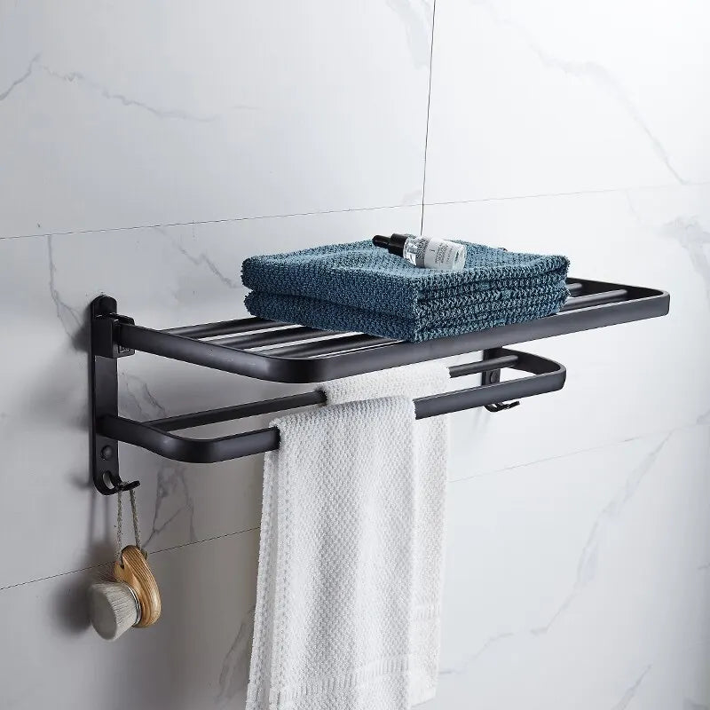 50CM Matte Black Folding Towel Rack with Hooks – Wall Mount