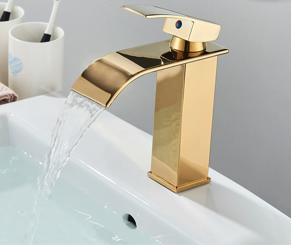 Brushed Gold Waterfall Bathroom Sink Faucet – Elegant Basin Tap