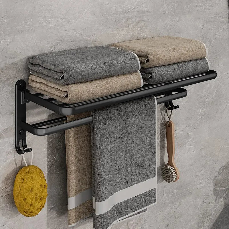 50CM Matte Black Folding Towel Rack with Hooks – Wall Mount