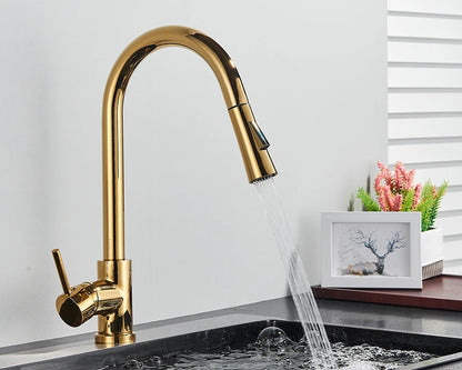 Brushed Gold Pull-Out Kitchen Faucet – 360 Swivel Sink Tap