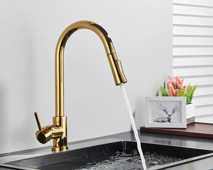 Brushed Gold Pull-Out Kitchen Faucet – 360 Swivel Sink Tap